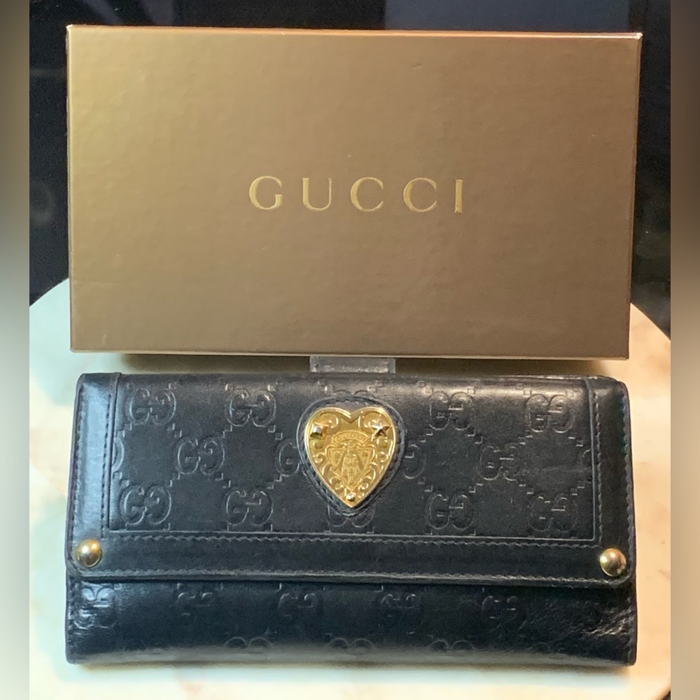 GUCCI BABOUSKA CONTINENTAL HEART CREAST BI-FOLD WALLET VINTAGE BLACK LEATHER GG